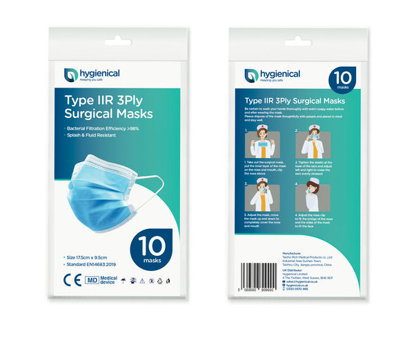Hygienical IIR Surgical Masks - Fluid & Droplet Repellent - ⩾99% BFE - 50 Pack - 10 Masks per Sachet