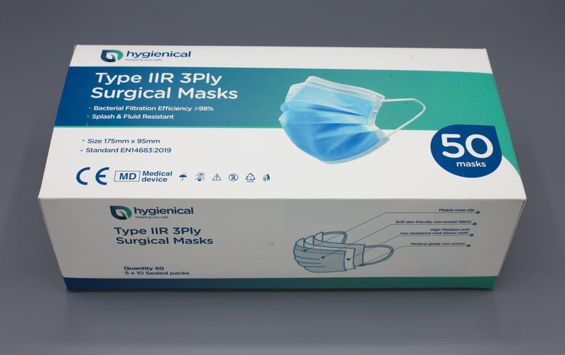 Hygienical IIR Surgical Masks - Fluid & Droplet Repellent - ⩾99% BFE - 50 Pack - 10 Masks per Sachet