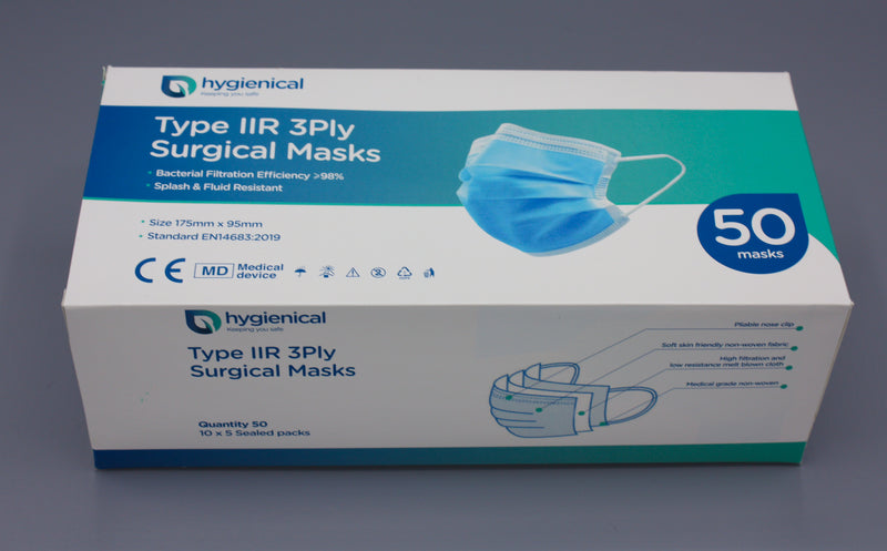 Hygienical IIR Surgical Masks - Fluid & Droplet Repellent - ⩾99% BFE - 50 Pack - 5 Masks per Sachet