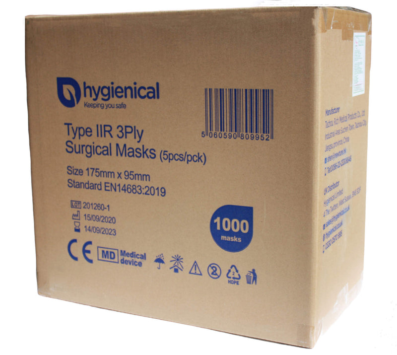 Hygienical Type IIR 3 Ply Surgical Masks - Carton of 1000 masks - 5 Packs - £95 (Ex VAT)