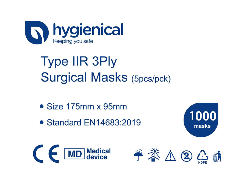 Hygienical IIR Surgical Masks - 5 Pack - Carton of 1000 masks - hygienical.co.uk