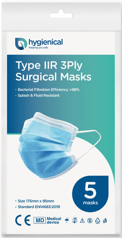 Hygienical IIR Surgical Masks - Fluid & Droplet Repellent - ⩾98% BFE - 5 Pack - hygienical.co.uk