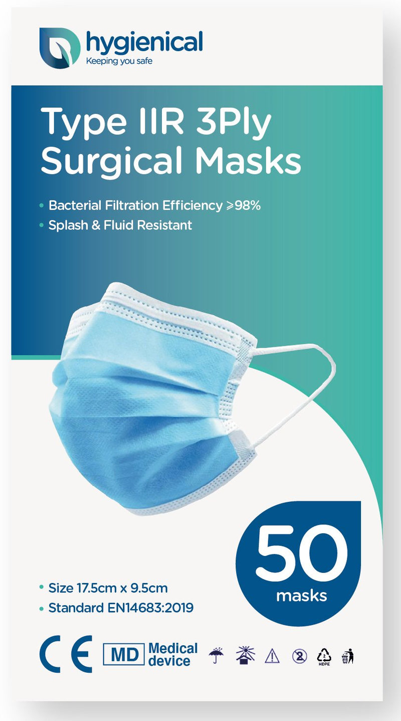 Hygienical IIR Surgical Masks - Fluid & Droplet Repellent - ⩾98% BFE - 50 Pack ( 10 x 5 packs) - hygienical.co.uk