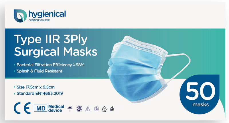 Hygienical IIR Surgical Masks - Fluid & Droplet Repellent - ⩾98% BFE - 50 Pack ( 10 x 5 packs) - hygienical.co.uk