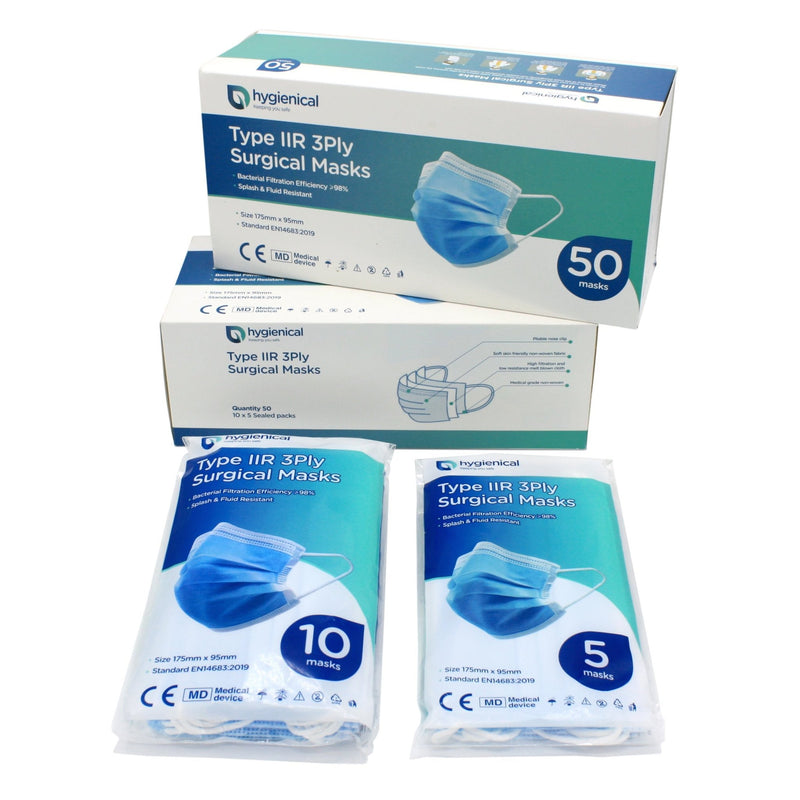 Hygienical IIR Surgical Masks - Fluid & Droplet Repellent - ⩾99% BFE - 5 Pack - hygienical.co.uk