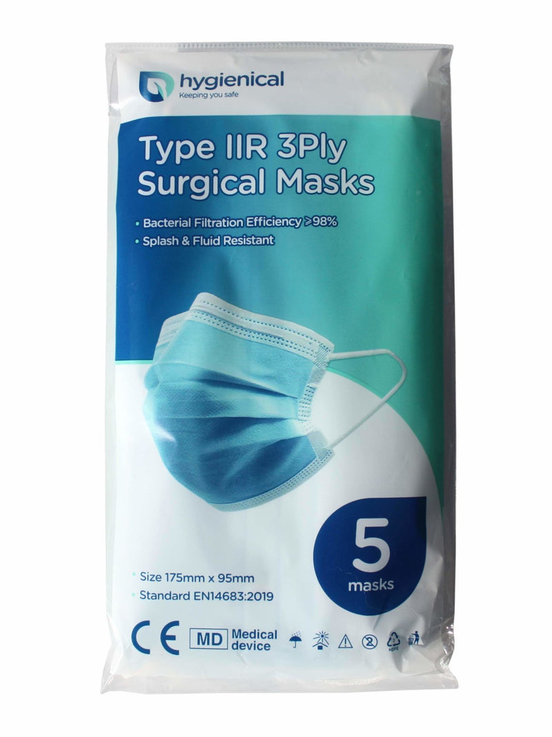Hygienical IIR Surgical Masks - Fluid & Droplet Repellent - ⩾99% BFE - 5 Pack - hygienical.co.uk
