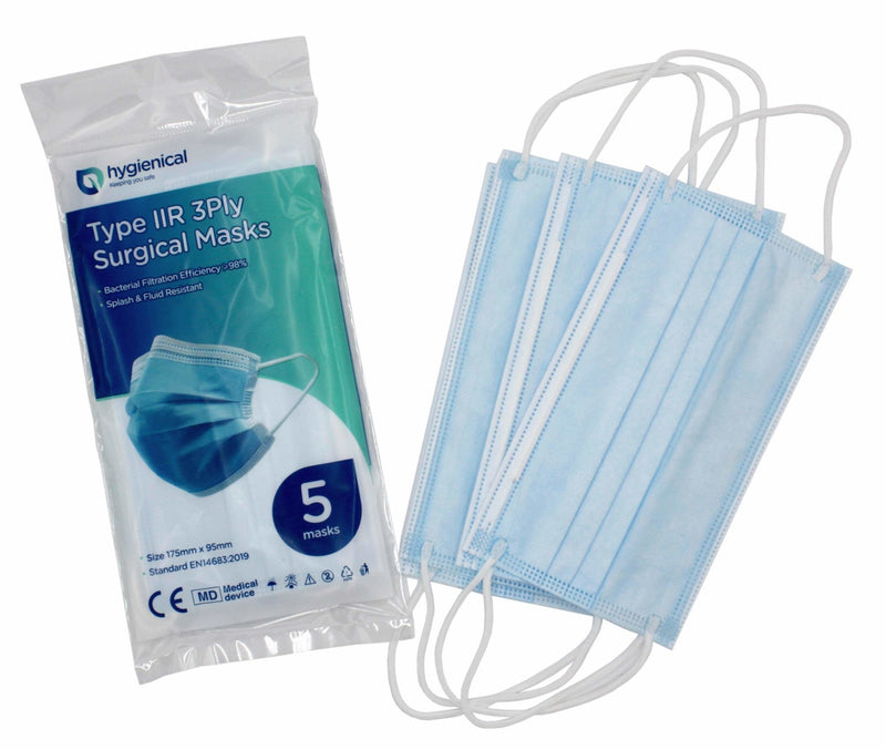 Hygienical IIR Surgical Masks - Fluid & Droplet Repellent - ⩾99% BFE - 50 Pack ( 10 x 5 packs) - hygienical.co.uk
